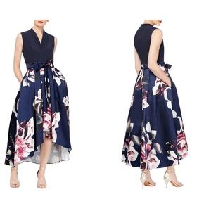 SLNY Floral Pleated High/Low Maxi Dress